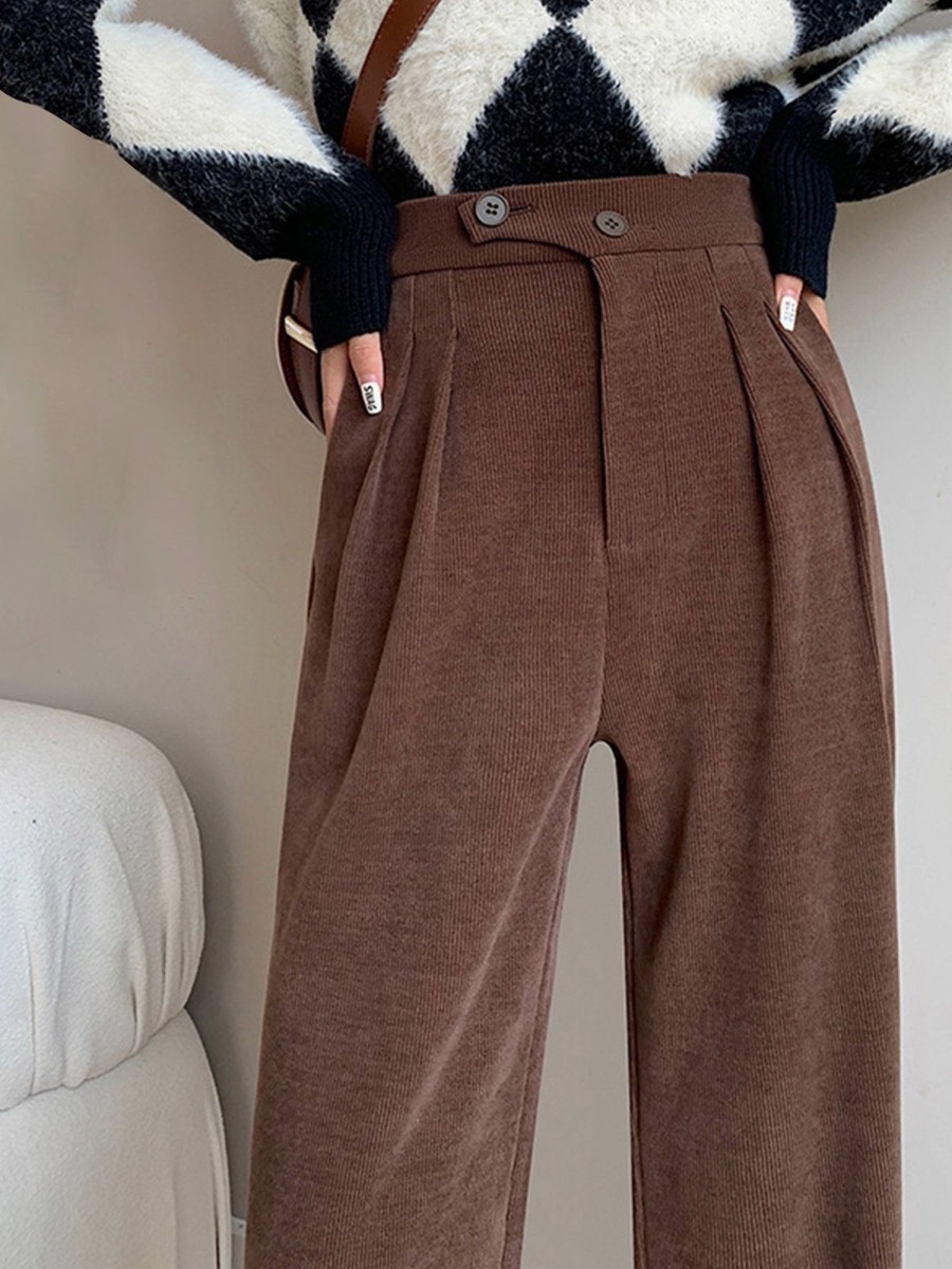 Women Ahaselected Pants | Stripe Chenille Buttoned Straight Pants