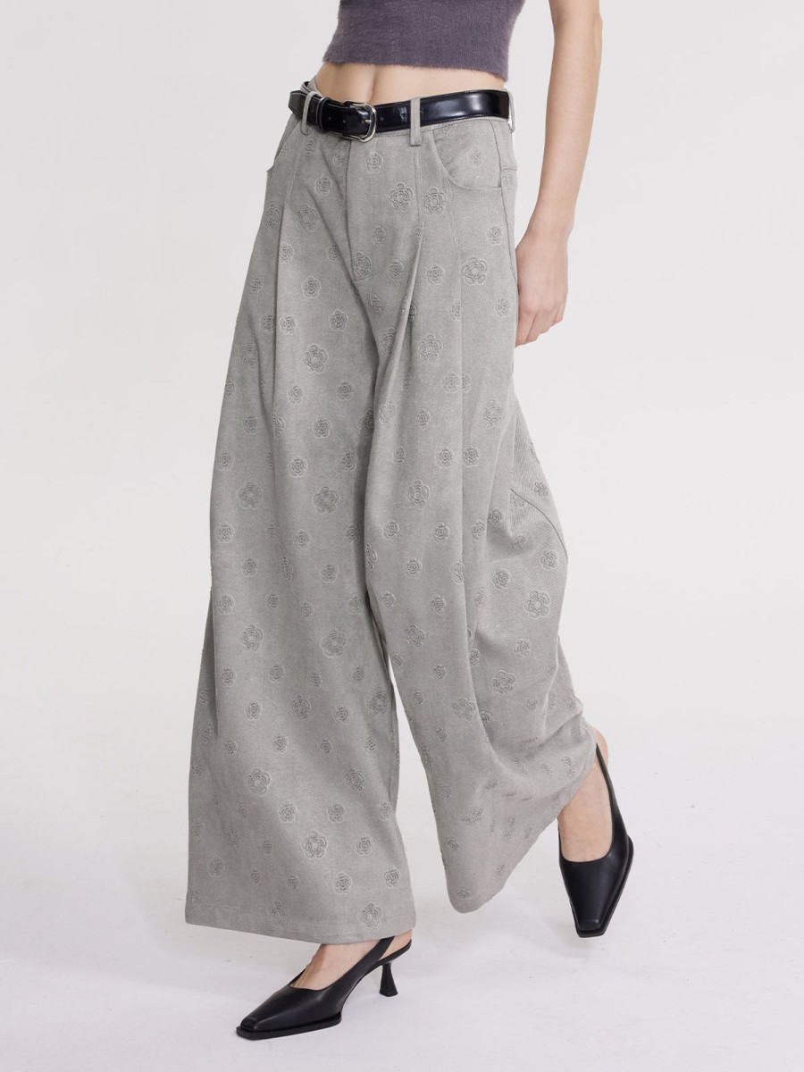 Women Ahaselected Pants | Denim Rose Embossed Wide Leg Pants Grey