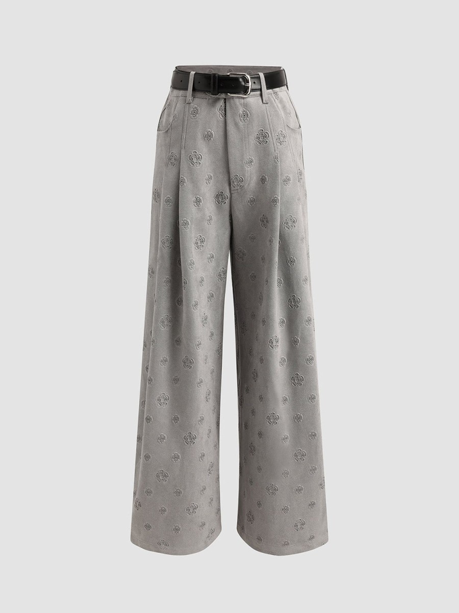 Women Ahaselected Pants | Denim Rose Embossed Wide Leg Pants Grey