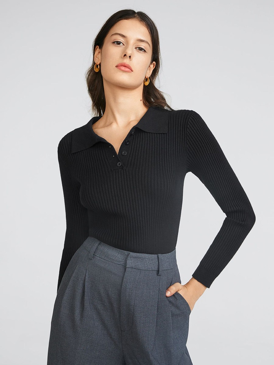 Women Ahaselected Basic Tops | Slim Fitted Rib Polo Sweater