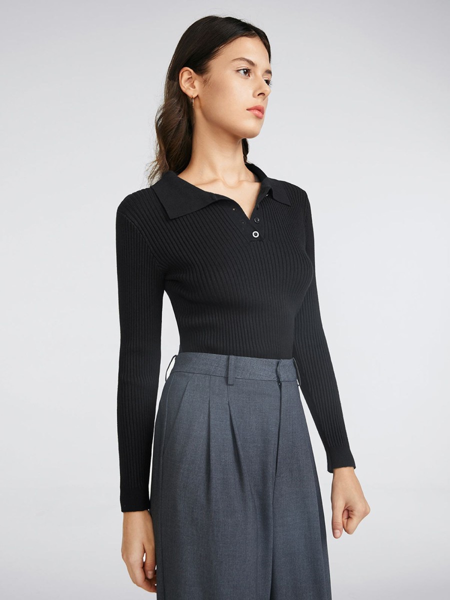 Women Ahaselected Basic Tops | Slim Fitted Rib Polo Sweater