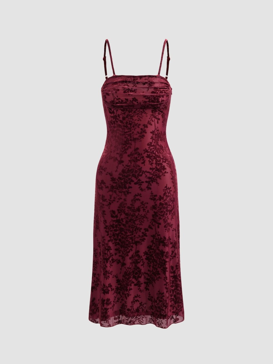 Women Ahaselected Dresses | Lace Floral Velvet Ruched Strapless Dress Burgundy