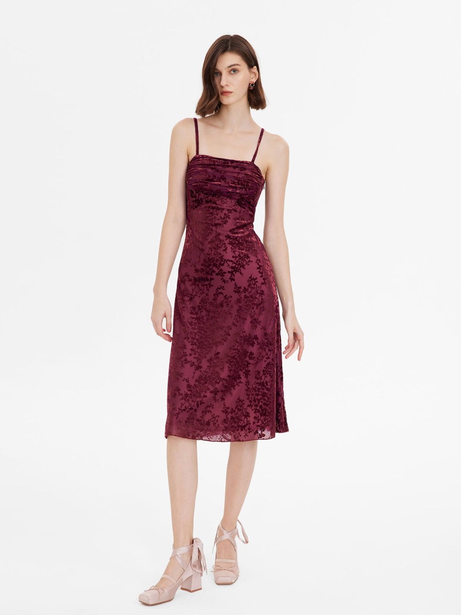 Women Ahaselected Dresses | Lace Floral Velvet Ruched Strapless Dress Burgundy