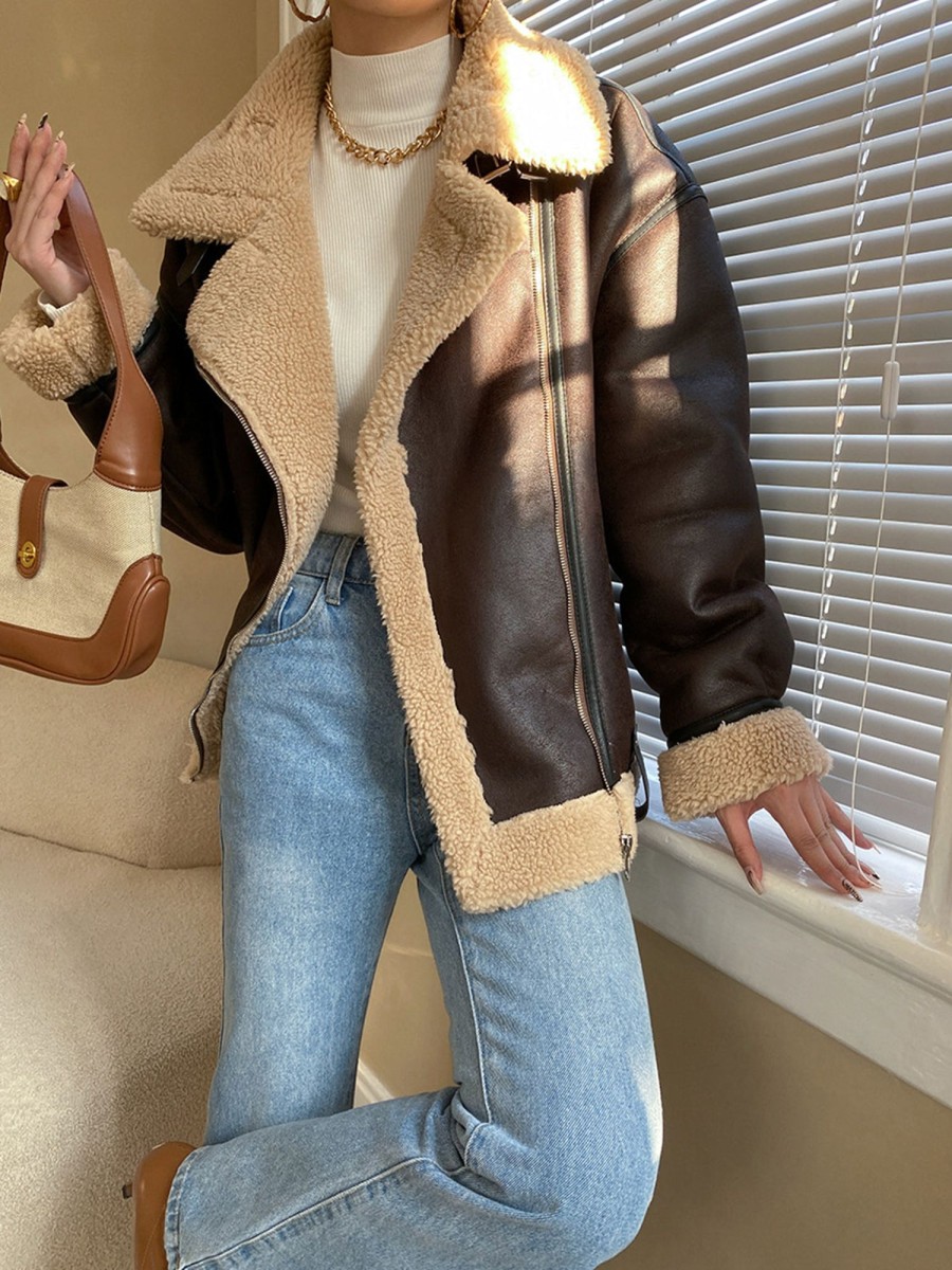 Women Ahaselected Jackets & Coats | Leisurely Shearling Leather Jacket Coffee