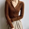 Women Ahaselected Tops | Solid Lapel Slim Fit Knitted Cardigan