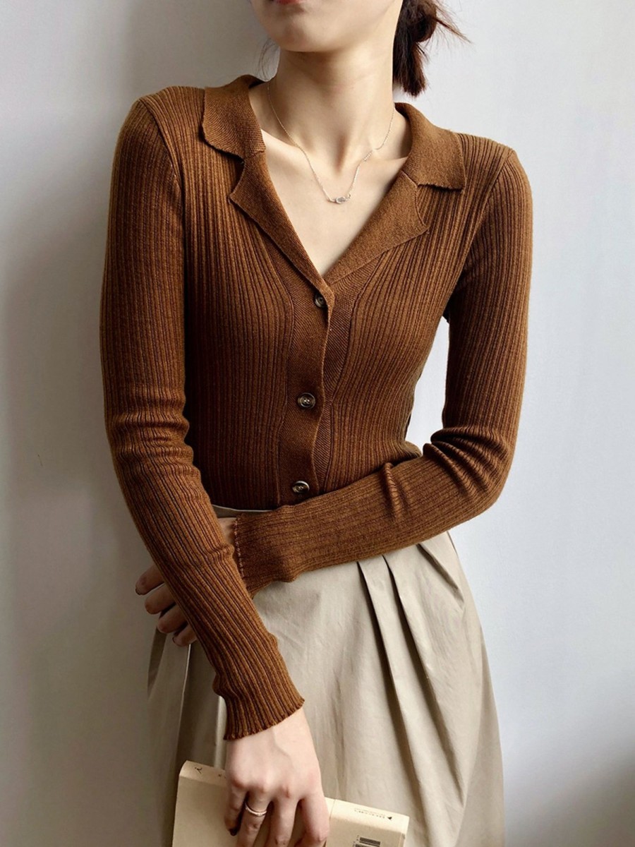 Women Ahaselected Tops | Solid Lapel Slim Fit Knitted Cardigan