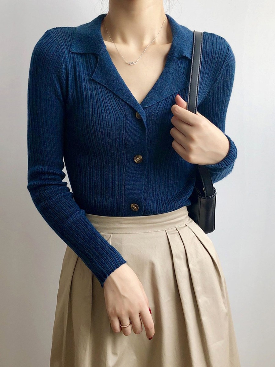 Women Ahaselected Tops | Solid Lapel Slim Fit Knitted Cardigan