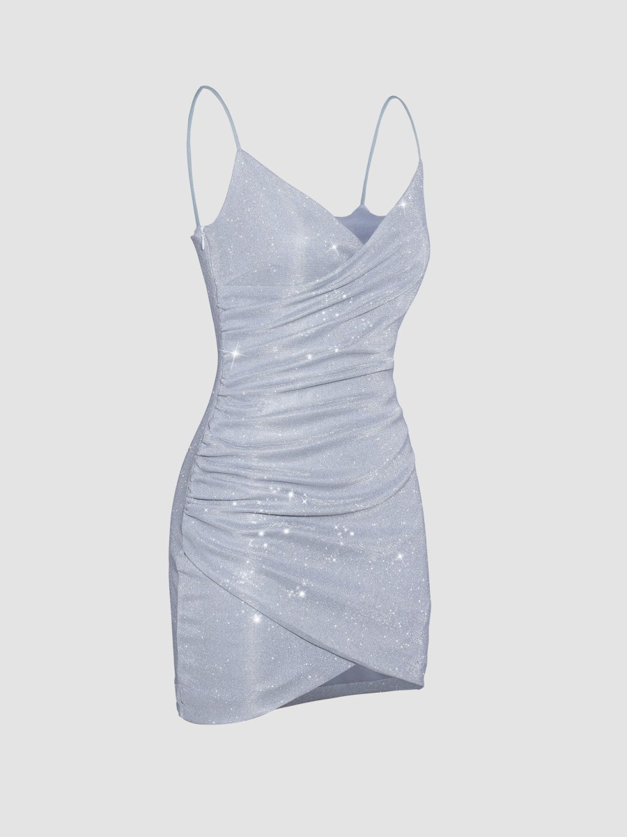 Women Ahaselected Dresses | Sparkling Low Cut Cross Strap Sexy Dress Silver