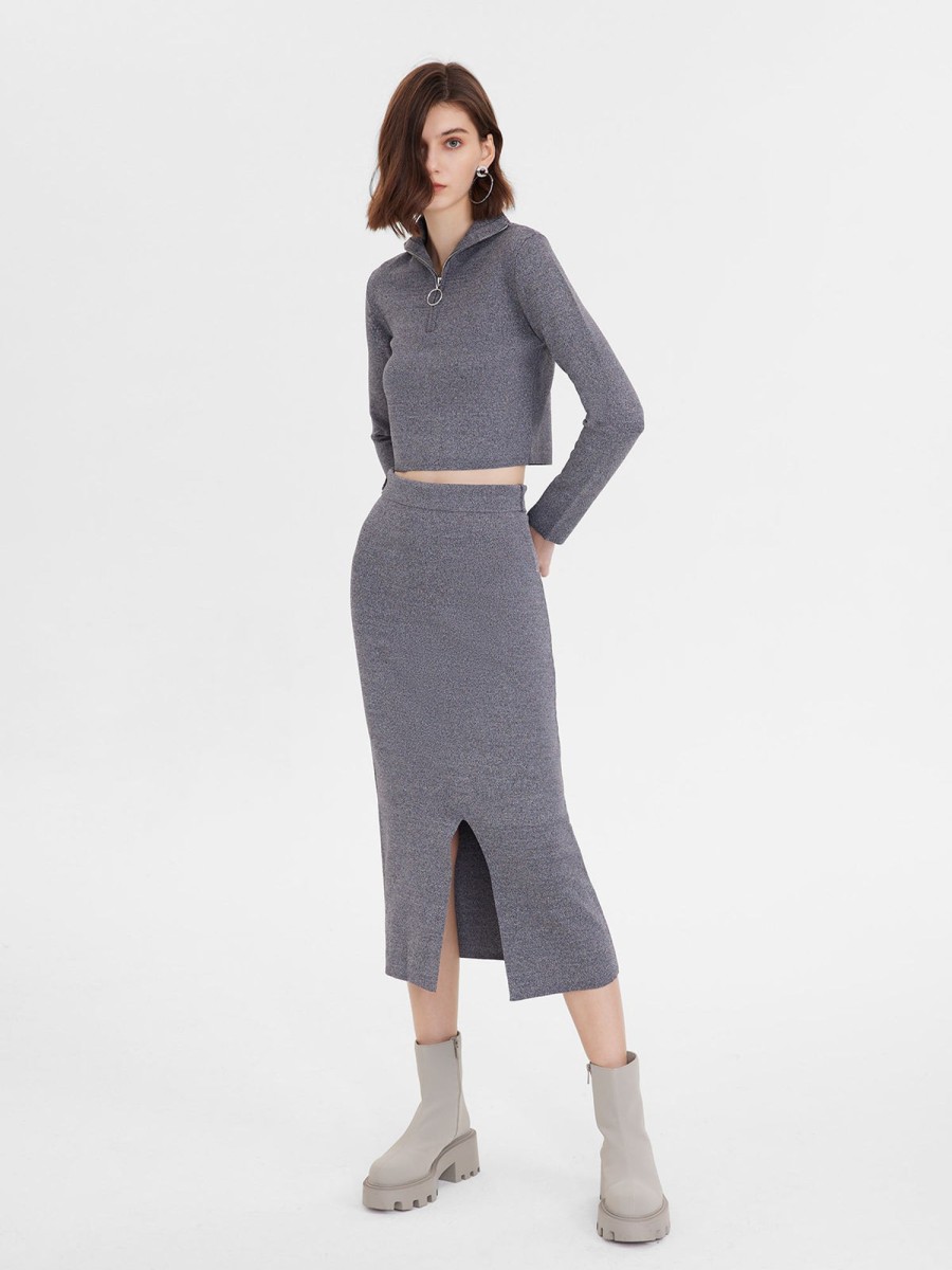 Women Ahaselected Matching Sets | High Neck Cozy Sweater And Split Midi Dress 2 Pieces Set