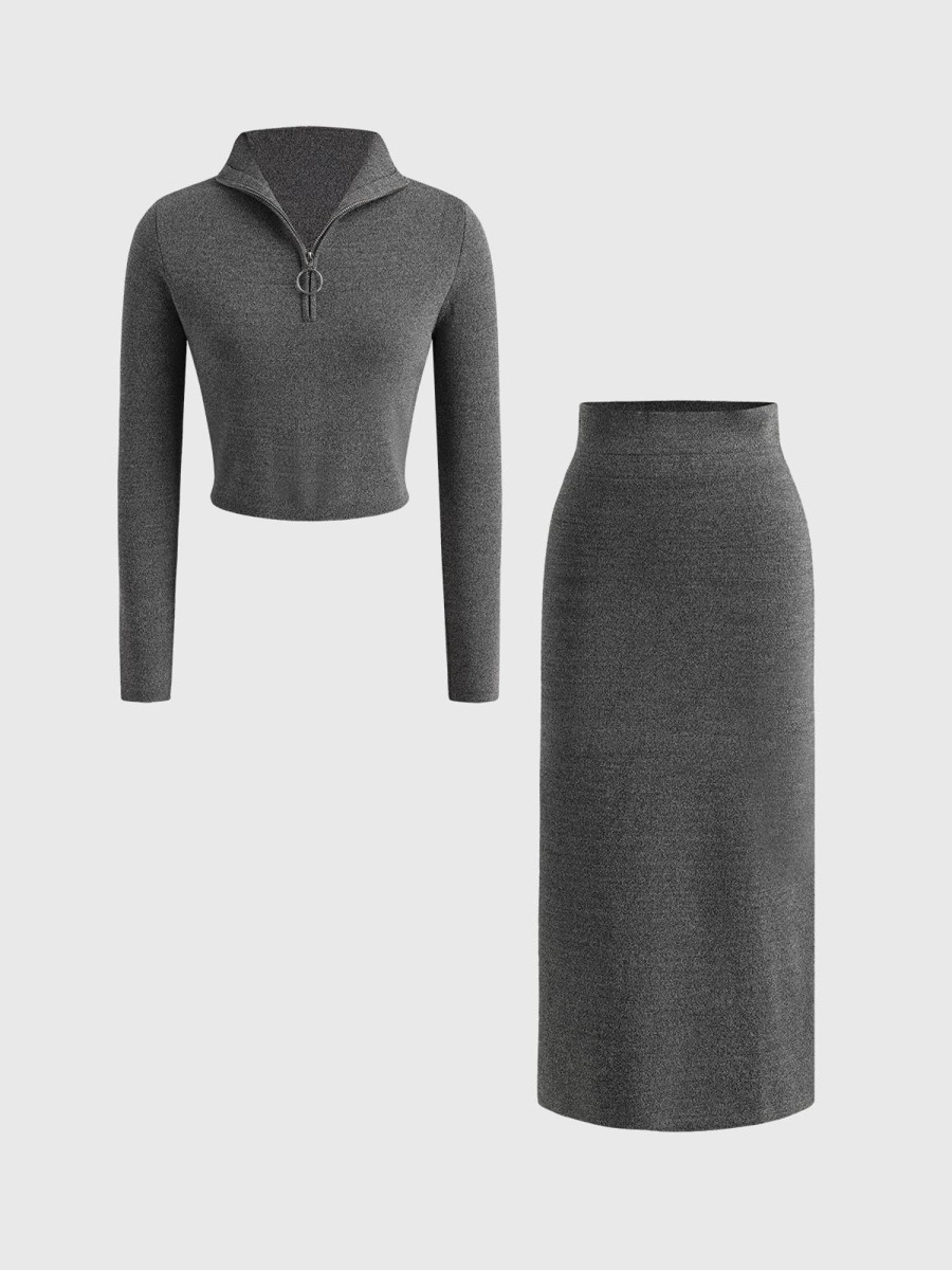 Women Ahaselected Matching Sets | High Neck Cozy Sweater And Split Midi Dress 2 Pieces Set