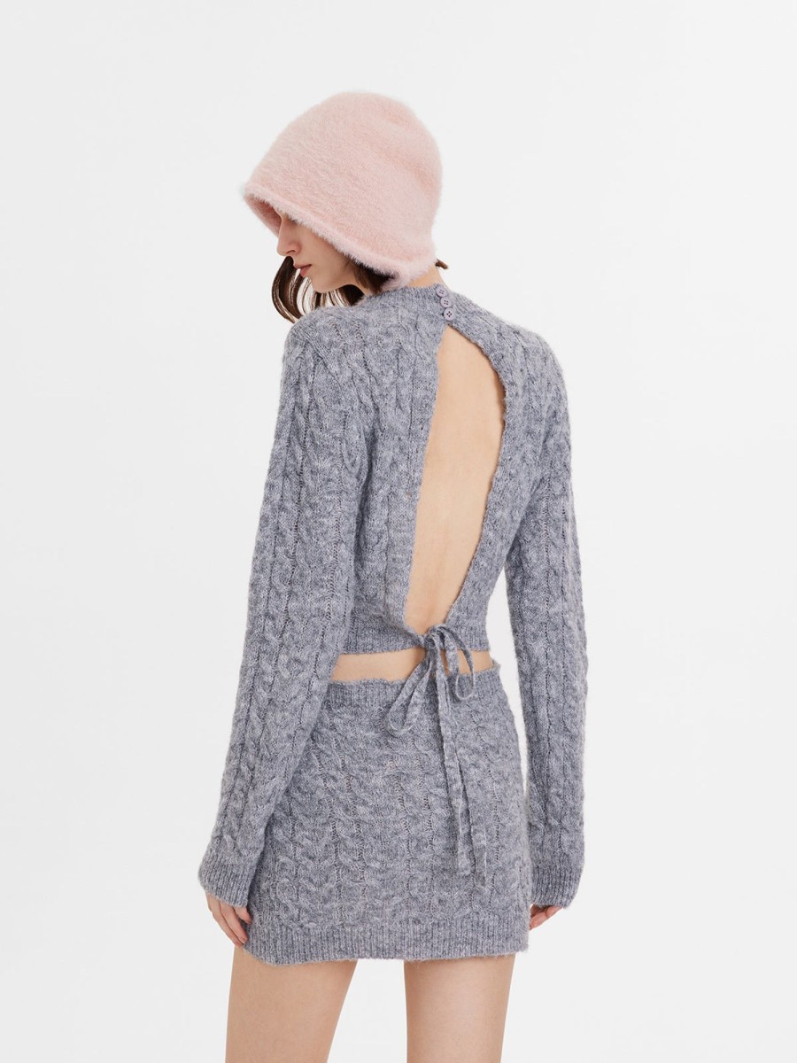 Women Ahaselected Dresses | Twist Knitted Long Sleeve Backless Mini Dress Grey