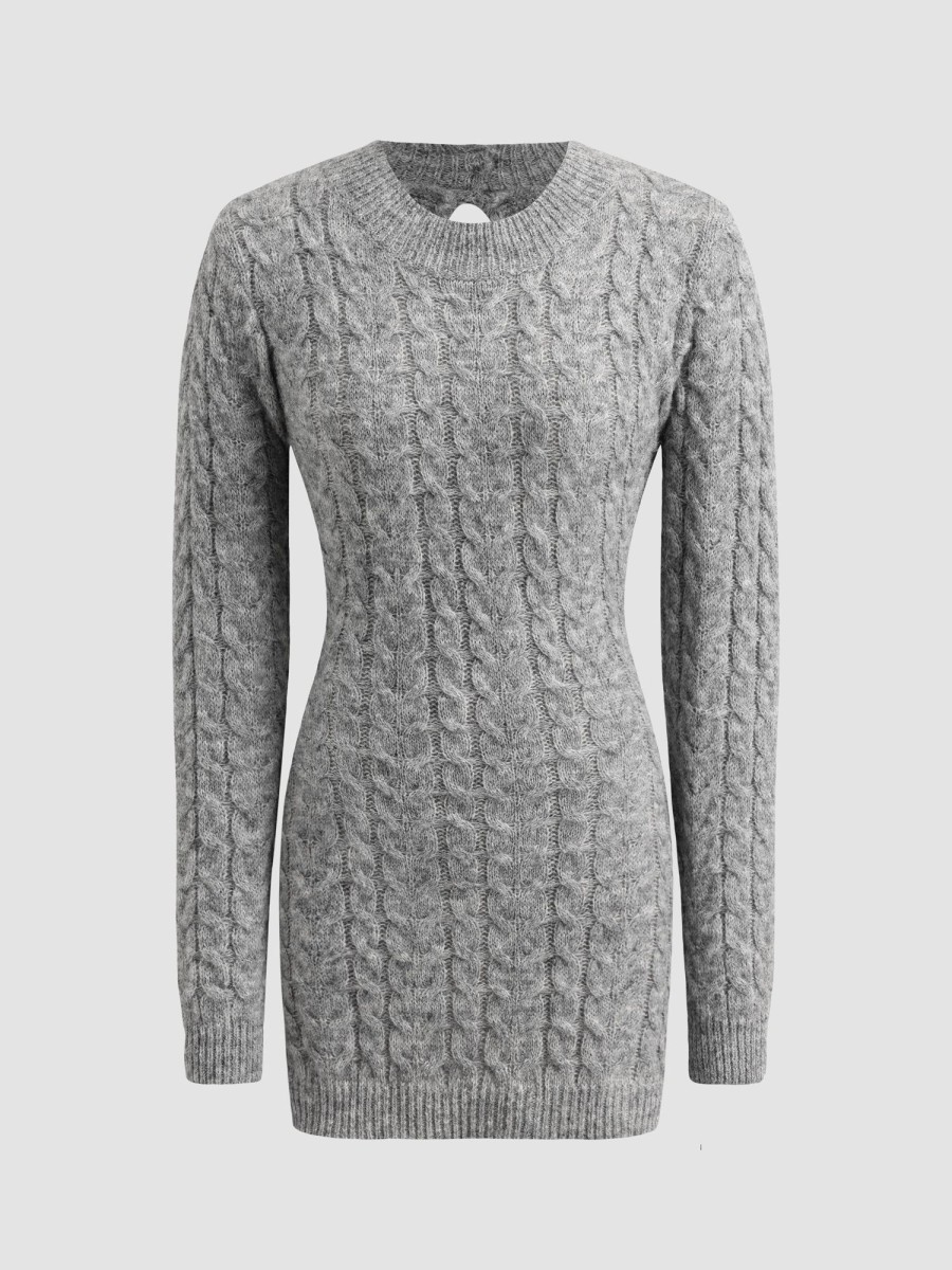 Women Ahaselected Dresses | Twist Knitted Long Sleeve Backless Mini Dress Grey