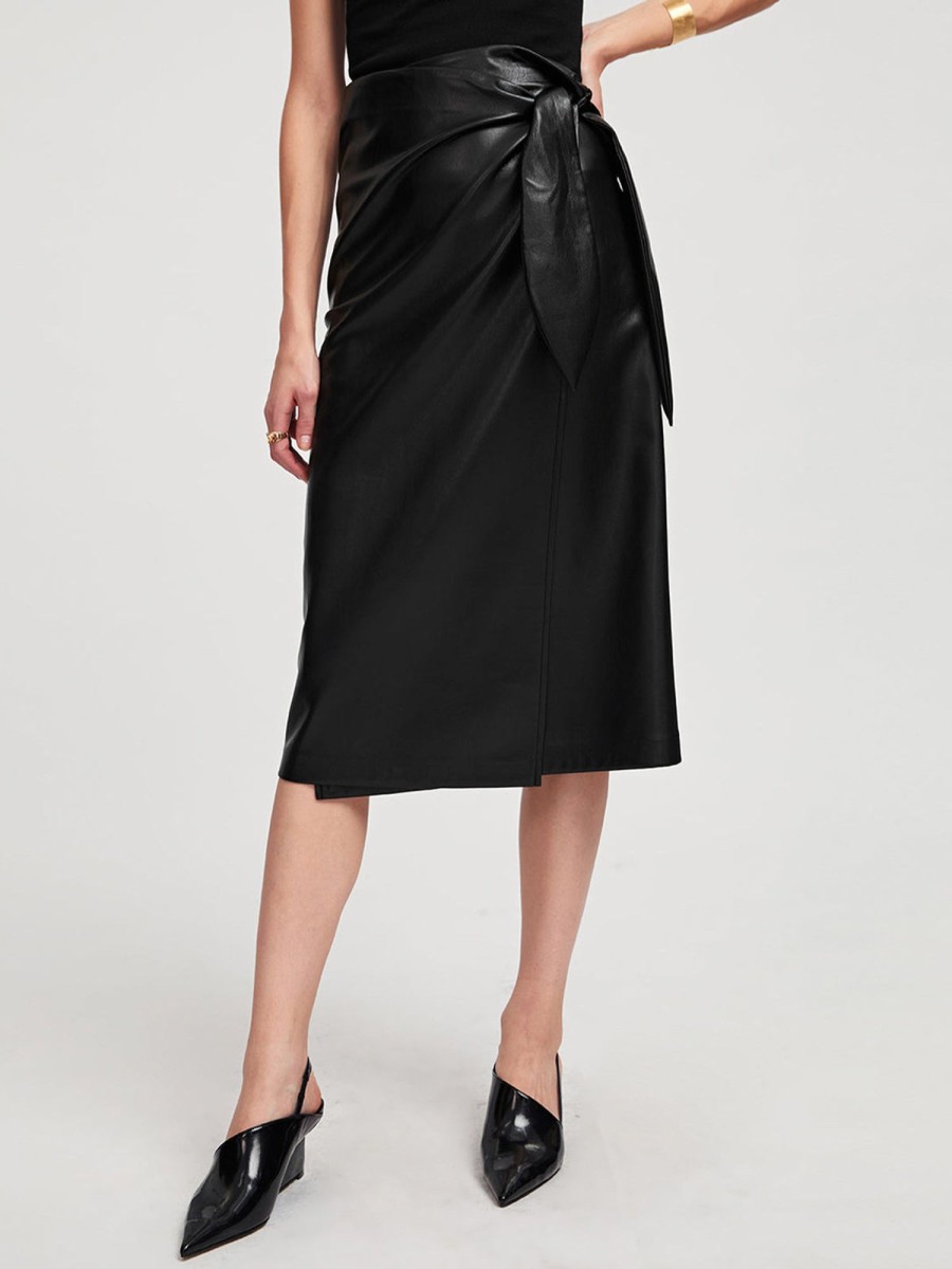 Women Ahaselected Skirts | Long Wrap Vegan Leather Midi Skirt Black