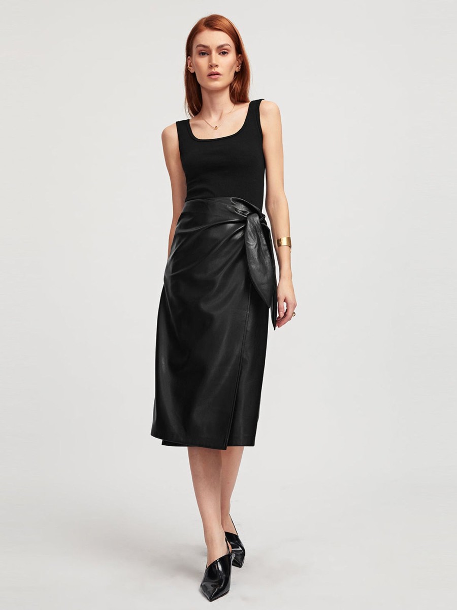 Women Ahaselected Skirts | Long Wrap Vegan Leather Midi Skirt Black