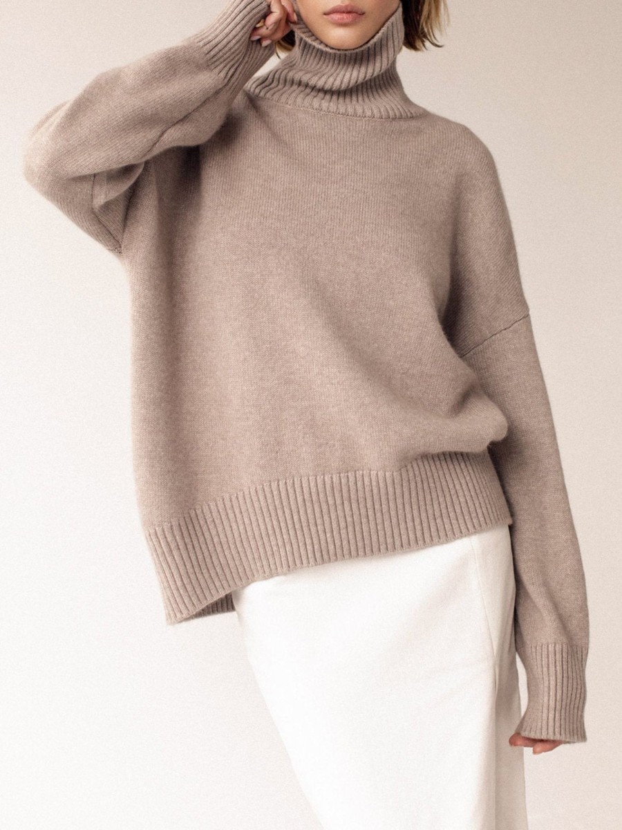 Women Ahaselected Basic Tops | Turtle-Neck Solid Loose Sweater