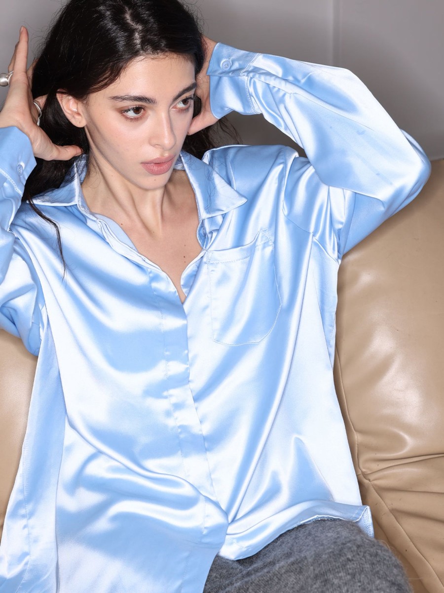 Women Ahaselected Shirts & Blouses | Basic Satin Shirt With Shoulder Pad Design Light Blue