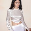 Women Ahaselected Matching Sets | Satin Round-Neck Long-Sleeve Top White