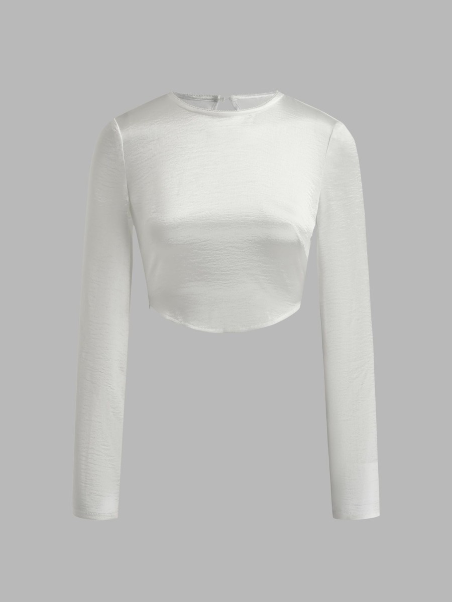 Women Ahaselected Matching Sets | Satin Round-Neck Long-Sleeve Top White