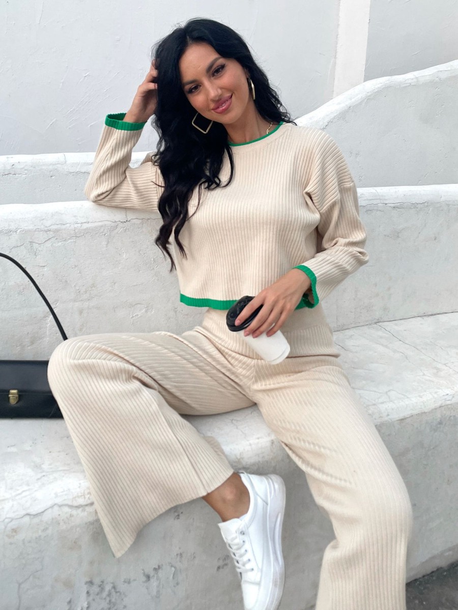 Women Ahaselected Matching Sets | Contrast Knit Sweater U0026 Elastic Waist Slit Pant 2 Piece Lounge Set