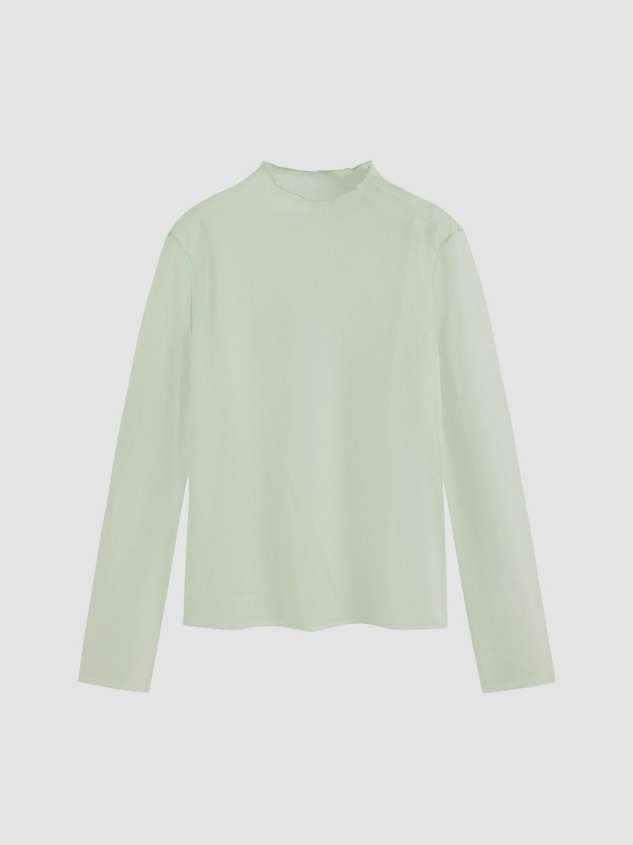 Women Ahaselected Tees & Graphics | Mesh Sheer Turtleneck Long Sleeve T-Shirt Light Green