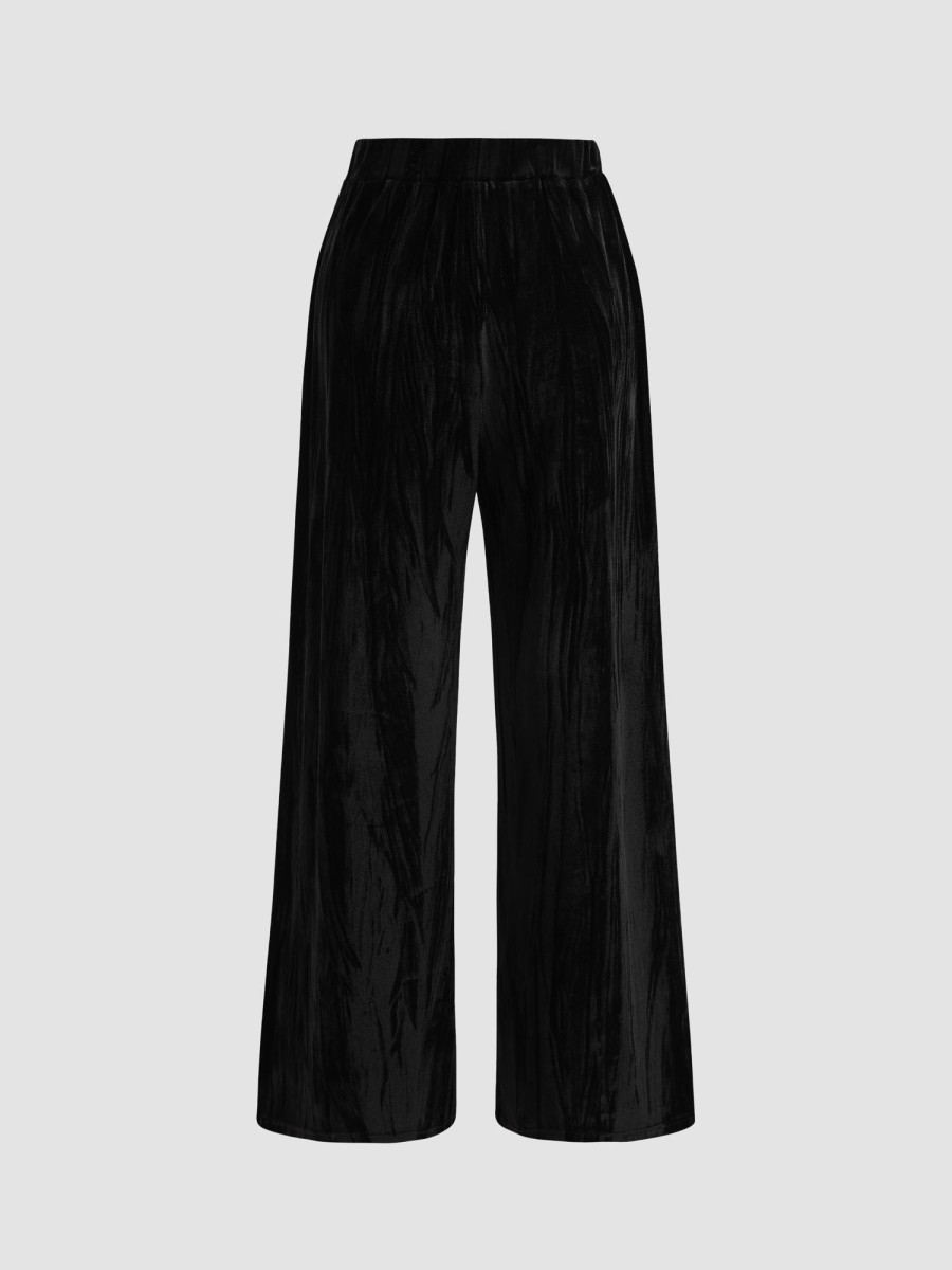 Women Ahaselected Pants | Embossed Velvet Elastic Waist Wide-Leg Pants Black