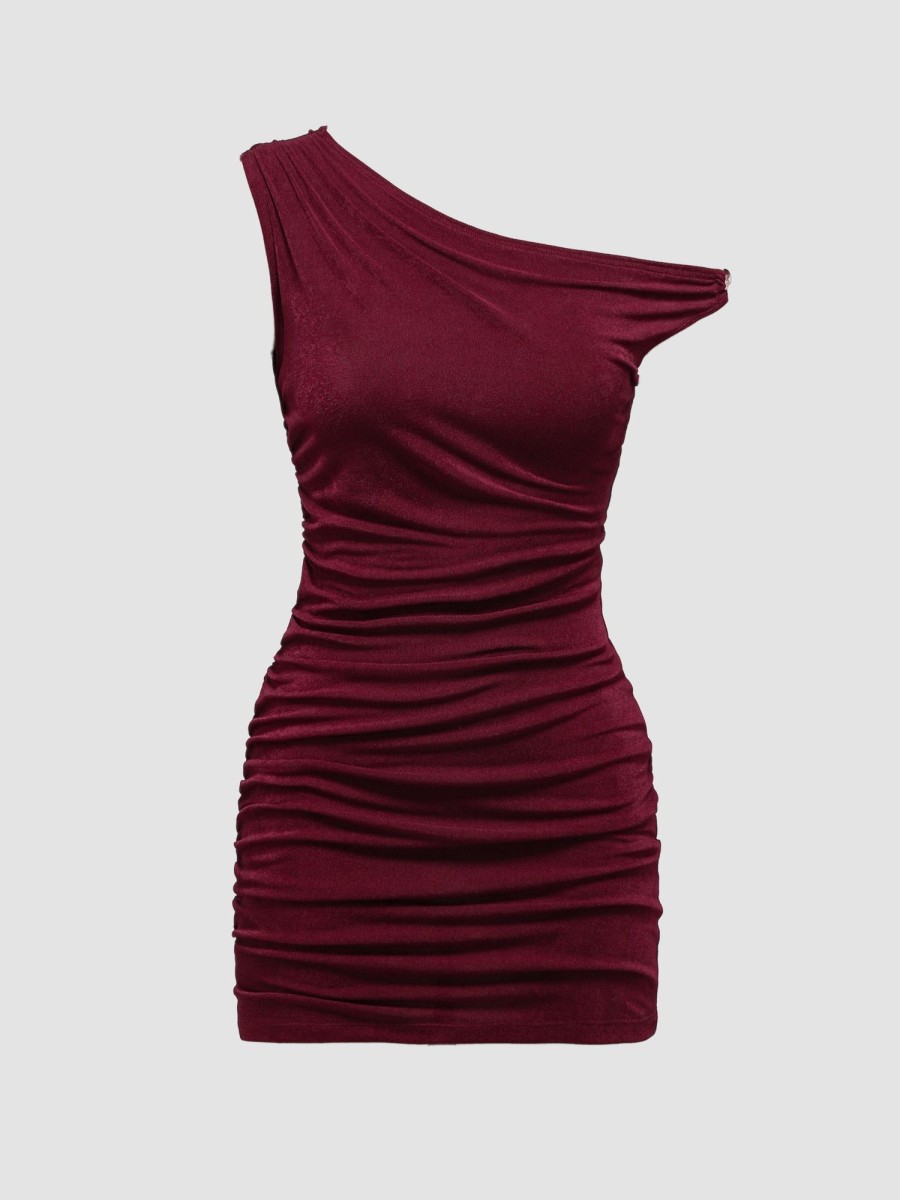 Women Ahaselected Dresses | Metallic-Accented Off-The-Shoulder Pleated Dress Burgundy