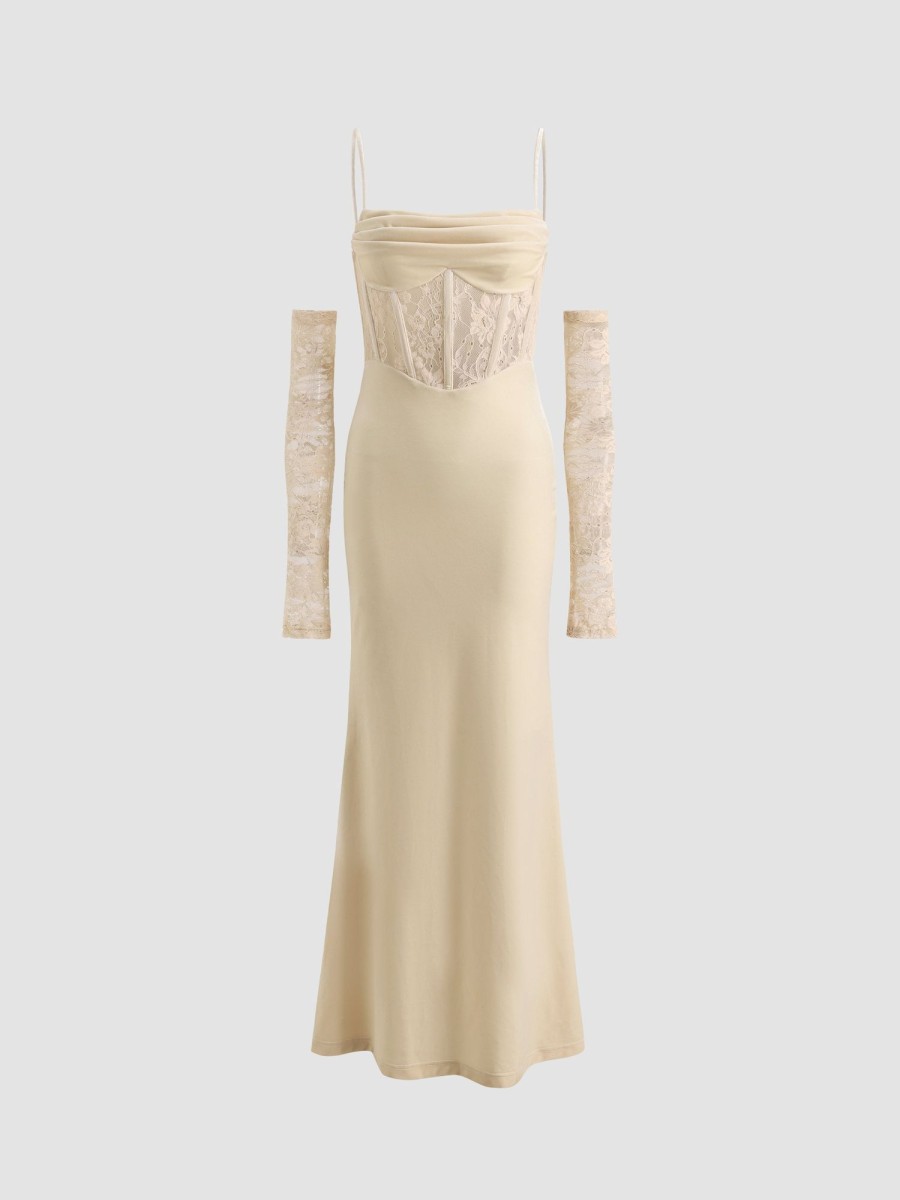 Women Ahaselected Dresses | Lace-Bodice Splicing Velvet Dress With Gloves Beige