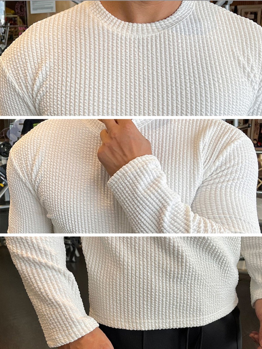 Men Ahaselected | M'S Muscle Fit Long Sleeve Shirt Texture Grid Crewneck Pullover