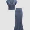 Women Ahaselected Matching Sets | Cable Knit V-Neck Cropped Sweater With Split Skirt Grey