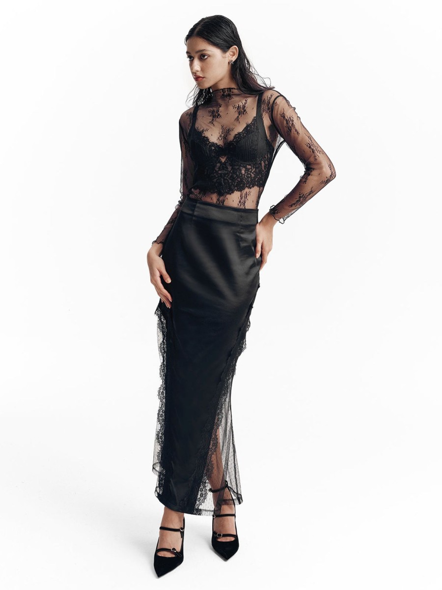 Women Ahaselected Skirts | Lace-Trimmed Satin Skirt Black