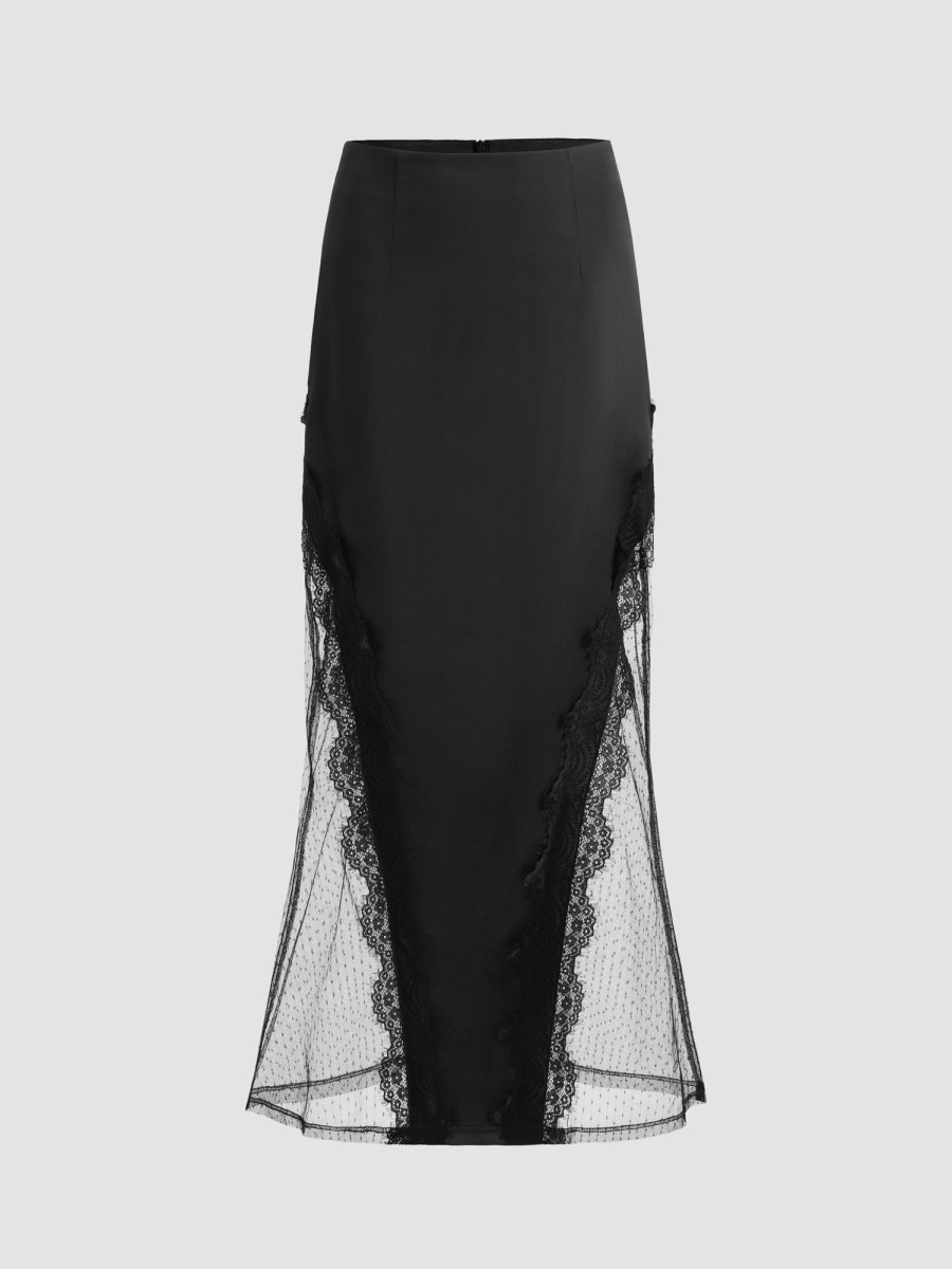 Women Ahaselected Skirts | Lace-Trimmed Satin Skirt Black