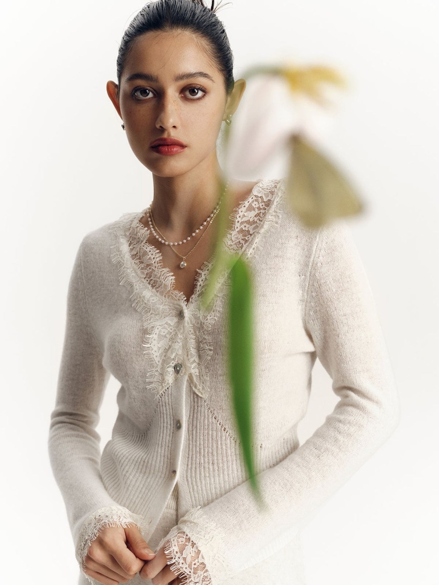 Women Ahaselected Tops | Women'S Lace Trimmed Knitted Cardigan Ivory