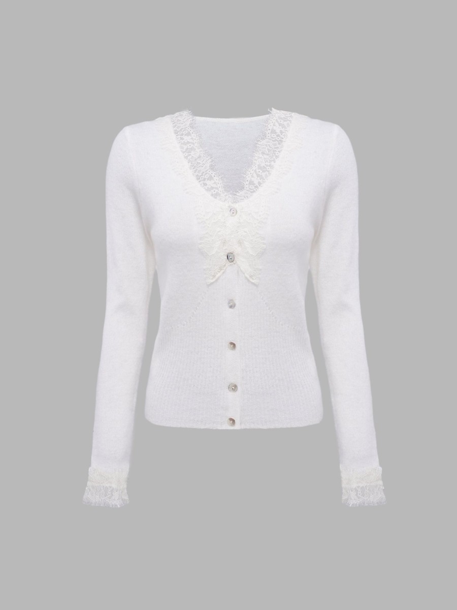 Women Ahaselected Tops | Women'S Lace Trimmed Knitted Cardigan Ivory