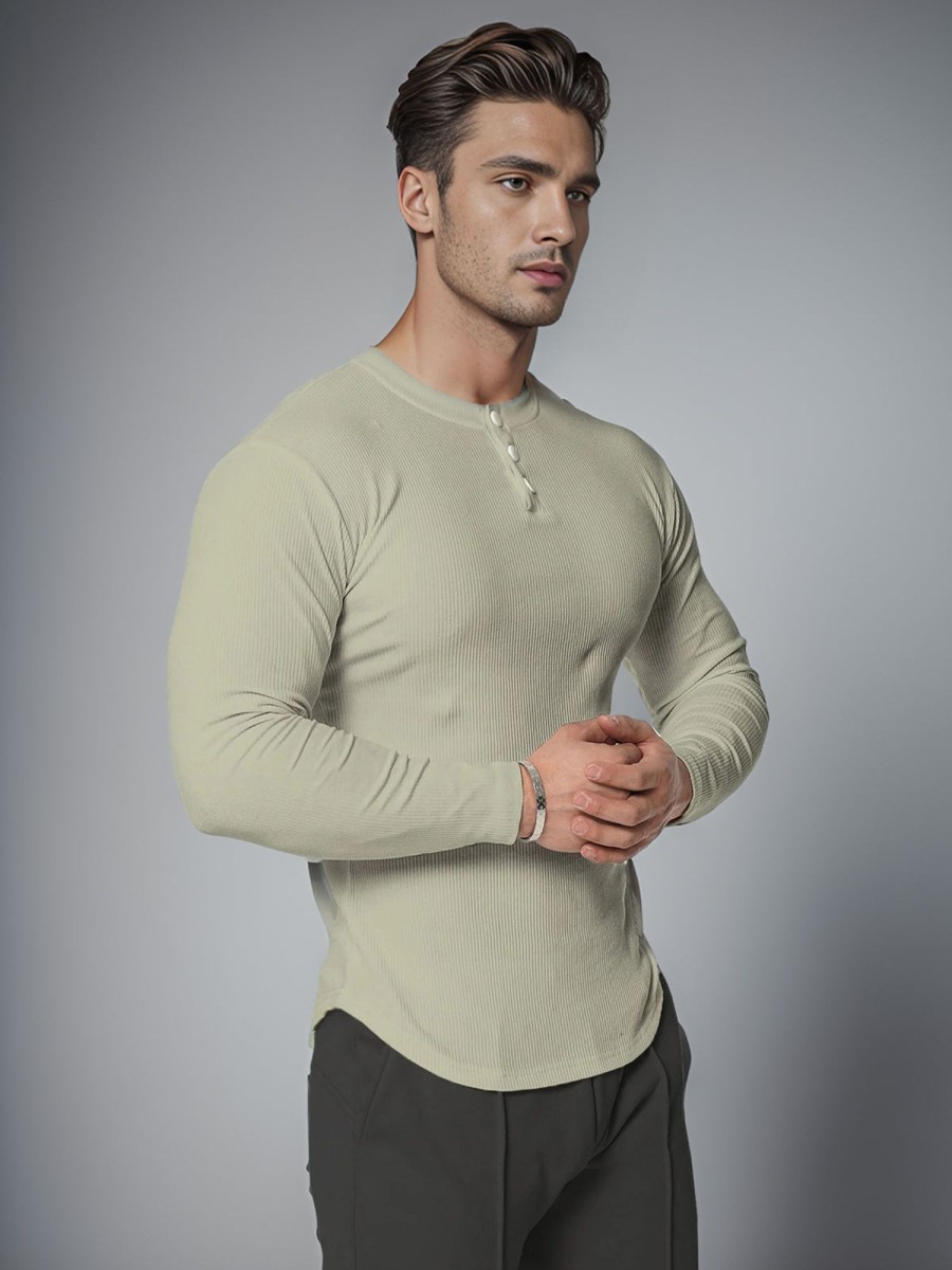 Men Ahaselected | Snap Henley Long Sleeve T-Shirt Muscle Fit Baselayer