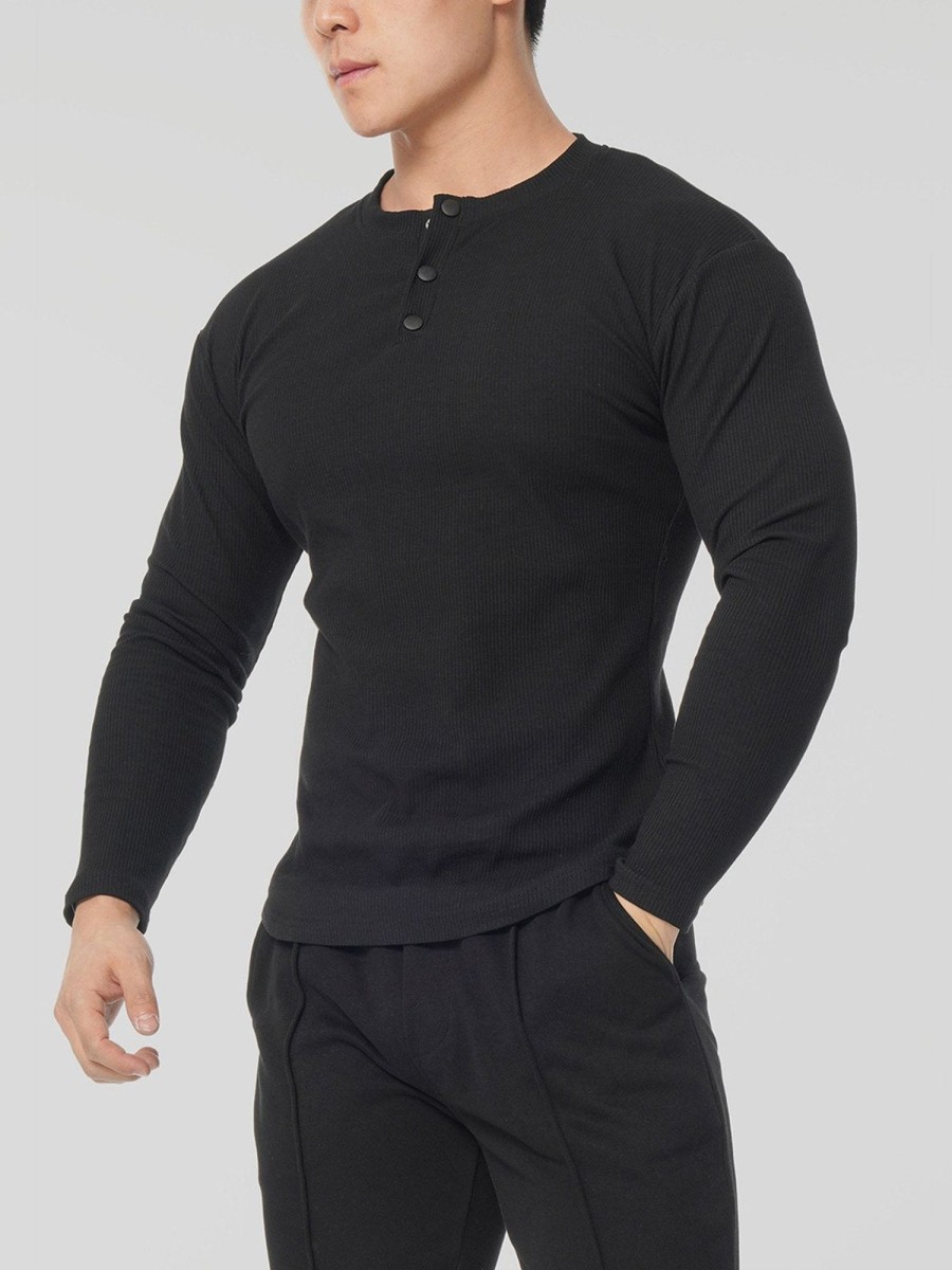 Men Ahaselected | Snap Henley Long Sleeve T-Shirt Muscle Fit Baselayer