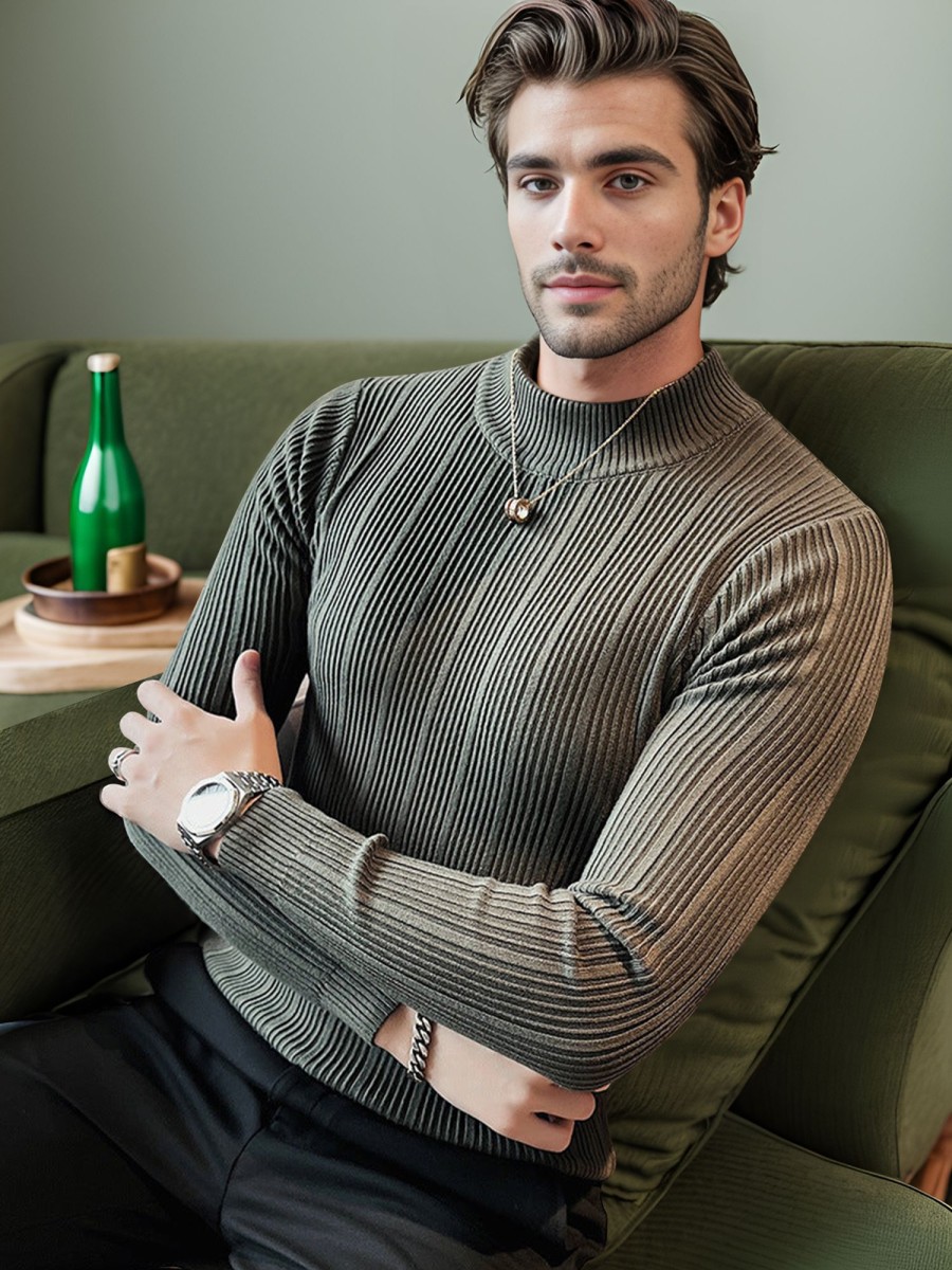 Men Ahaselected | Mock Neck Striped Stretch Sweater