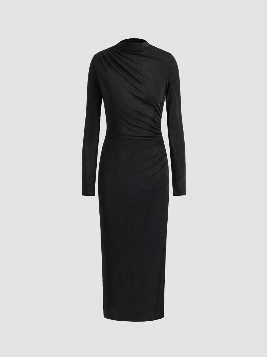 Women Ahaselected Dresses | Knitted Turtleneck Pleated Dress Black