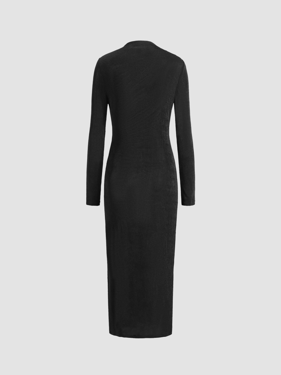 Women Ahaselected Dresses | Knitted Turtleneck Pleated Dress Black