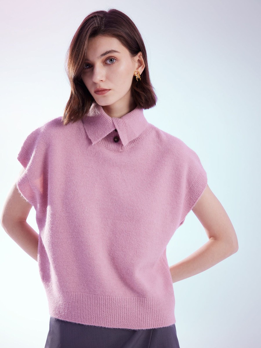 Women Ahaselected Tops | Oversized Short Sleeve Sweater With Turn-Down Collar Pink