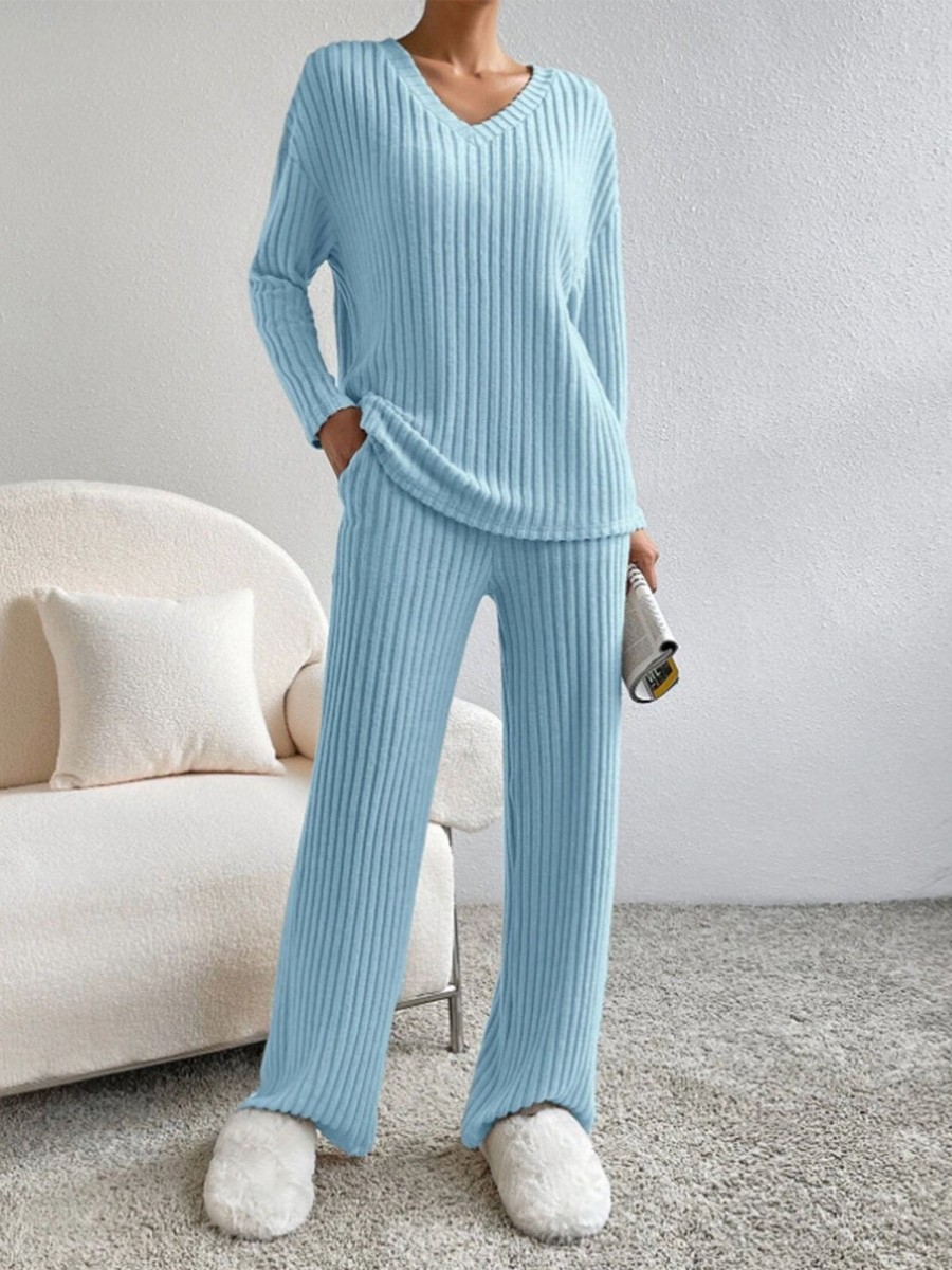 Women Ahaselected Matching Sets | V-Neck Ribbed Design Comfy 2-Pieces Lounge Set