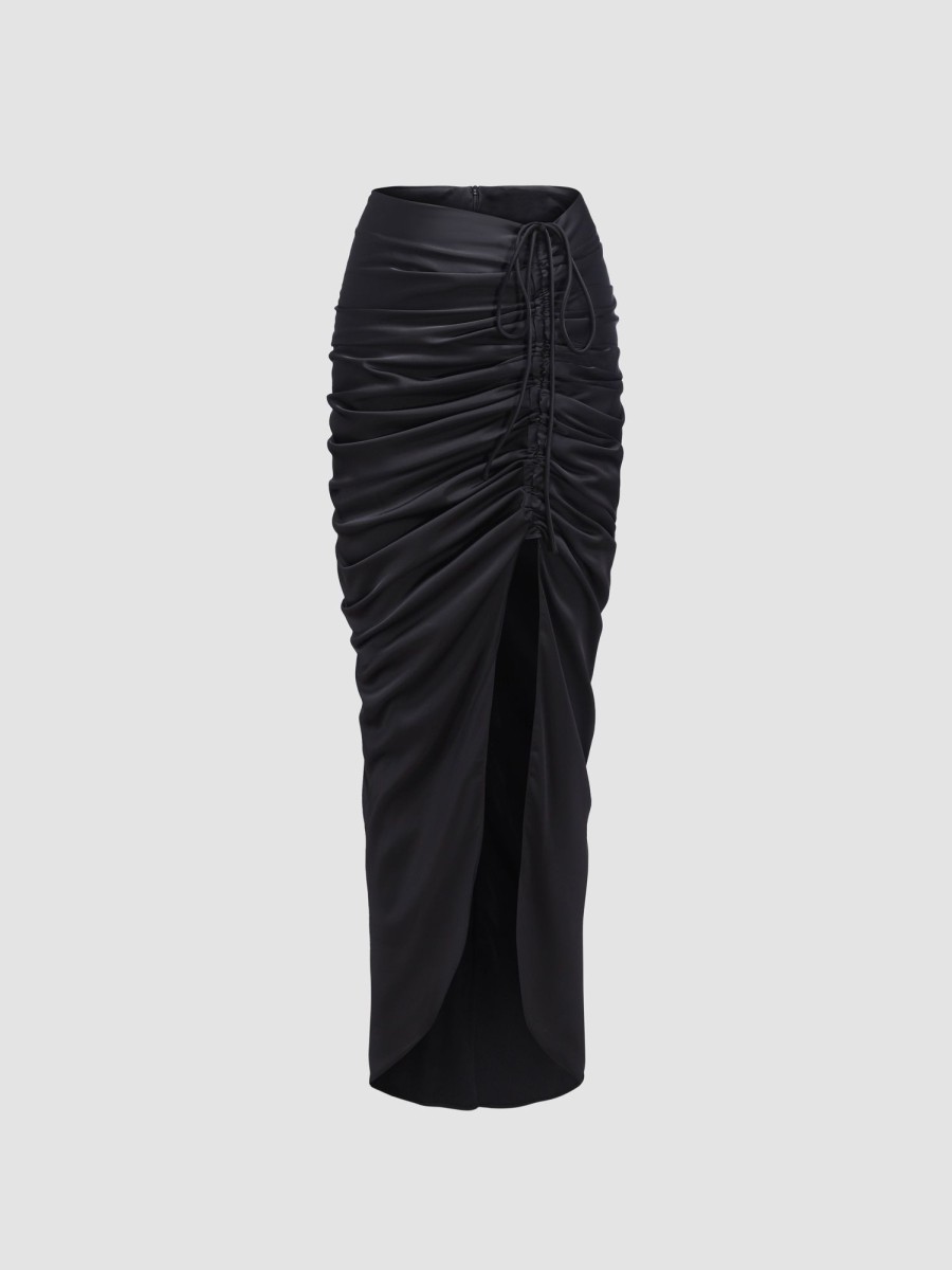 Women Ahaselected Skirts | Satin Pleated Drawstring Skirt Black