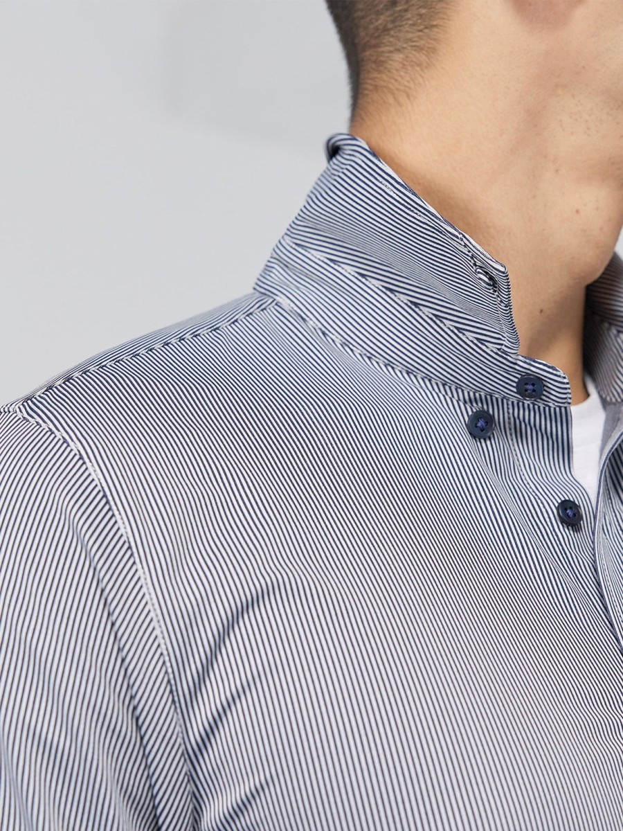 Men Ahaselected | Commuter Performance Dress Shirt Navy/White Stripe