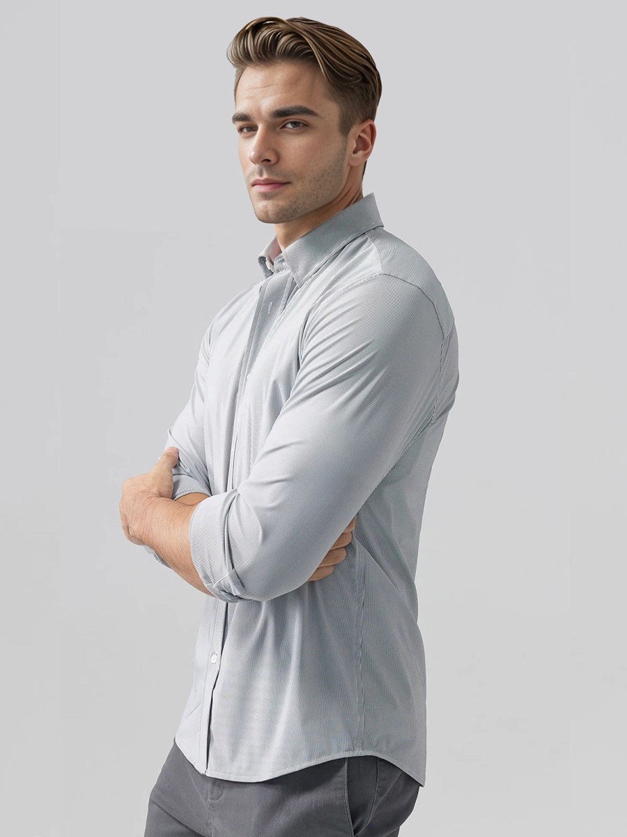 Men Ahaselected | Commuter Performance Dress Shirt Grey/White Stripe