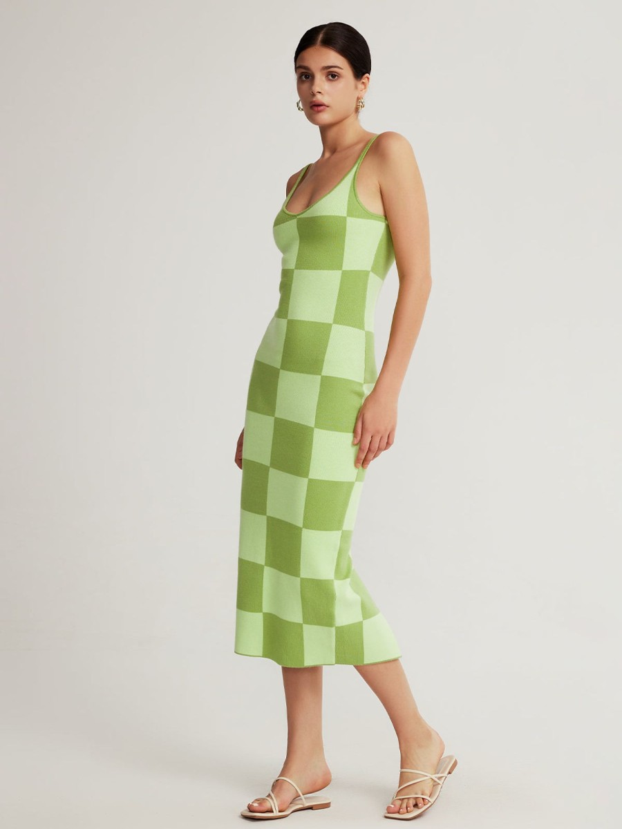 Women AhaAha Knitwear & Sweaters | Cali Sweetheart Knit Maxi Dress - Green Checkers